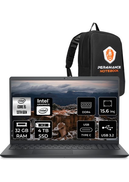 Inspiron 15 3530 Intel Core I5 1334U 32GB 4tb SSD 15.6" Fhd 120Hz Fdos Taşınabilir Bilgisayar & Per4 Çanta I35303401UP330