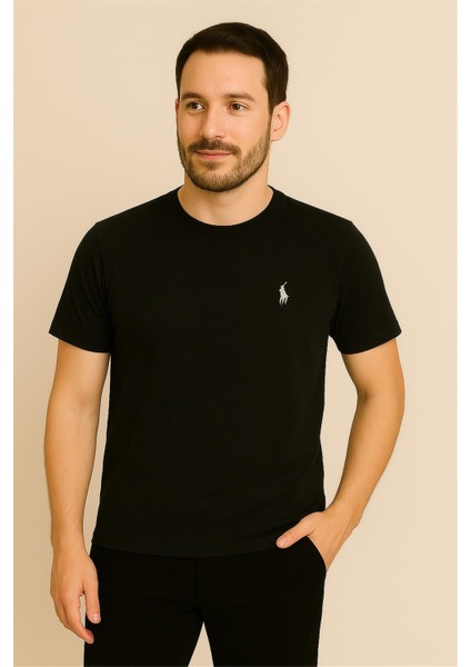 Pamuk Penye Bisiklet Yaka T-Shirt Siyah Polo
