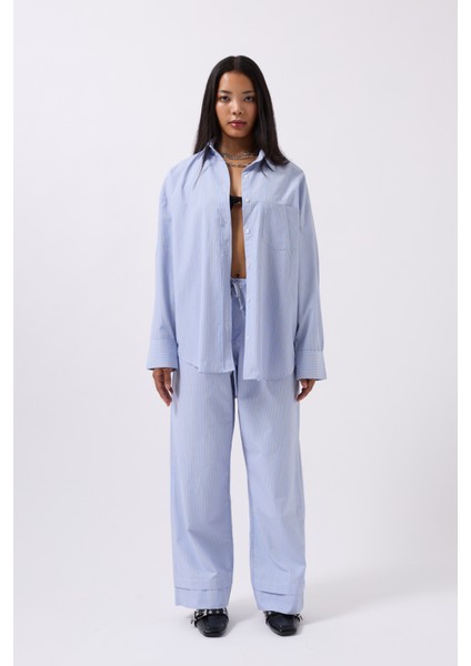 Çizgili Cep Detay Mavi Gömlek fiyatları