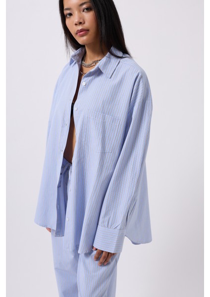 Çizgili Cep Detay Mavi Gömlek modelleri