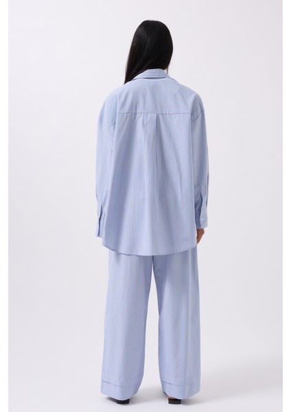 Çizgili Cep Detay Mavi Gömlek indirimleri