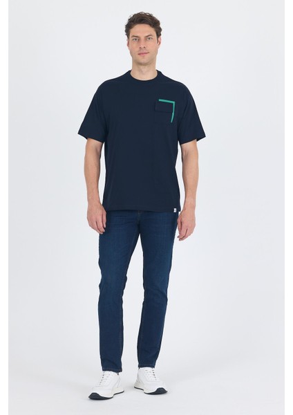 Koyu Lacivert Kısa Kol Bisiklet Yaka Kapaklı Cep Pamuk Casual Oversize Tişört 1011250131 fiyatları