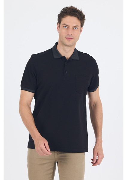 Siyah Polo Yaka Kısa Kol Cepli Comfort Fit :%100 Pamuk Tişört 1011250181