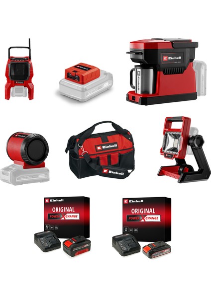 Akülü Kampçı Seti (2,5 Ah - 4,0 Ah Akü, Şarj Cihazı, Tc-Ra 18 Radyo, Te-Cl 18/2000 Projektör, Te-Cf 18 Kahve Makinesi, Tc-Sr 18 Hoparlör, Tc-Cp 18 USB Şarj Cihazı)