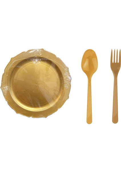 26 Cm. Altın Sorfa Sunum Seti - Sert Mika Plastik - 48 Kişilik Tabak Çatal Kaşık Takımı