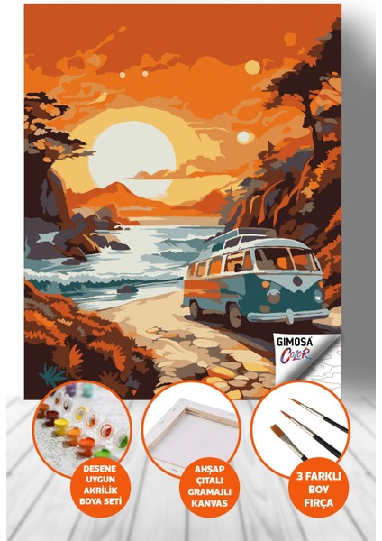 Color Turuncu Günbatımı ve Retro Karavan Sayılarla Boyama Seti, Yetişkin Boyama, Kendin Yap Hobi Set