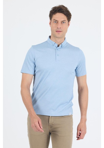 Açık Mavi Kısa Kol Düz Suprem Polo Yaka Cepsiz Pamuklu Casual Slim Fit Tişört 1011250160_603