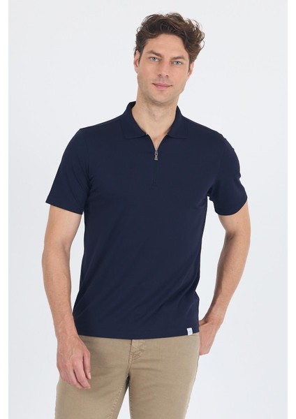 Koyu Lacivert Kısa Kol Düz Suprem Polo Yaka Cepsiz Esnek Casual Slim Fit Tişört 1011250161_200