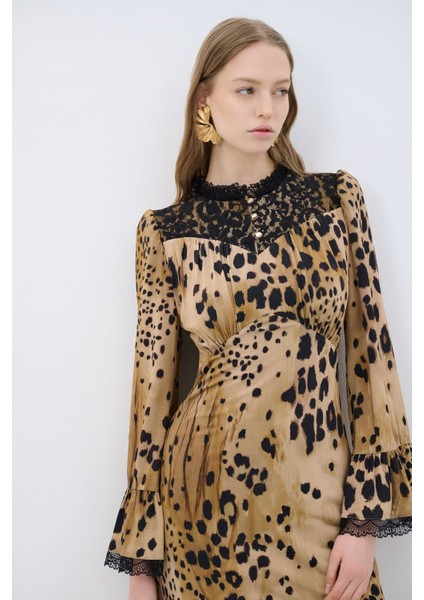 Dantel Detaylı Uzun Elbise Leopar Desenli 12445114000