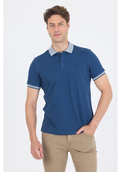 Indigo Mavi Polo Yaka Kısa Kol Cepsiz Slim Fit :%100 Pamuk Tişört 1011250182