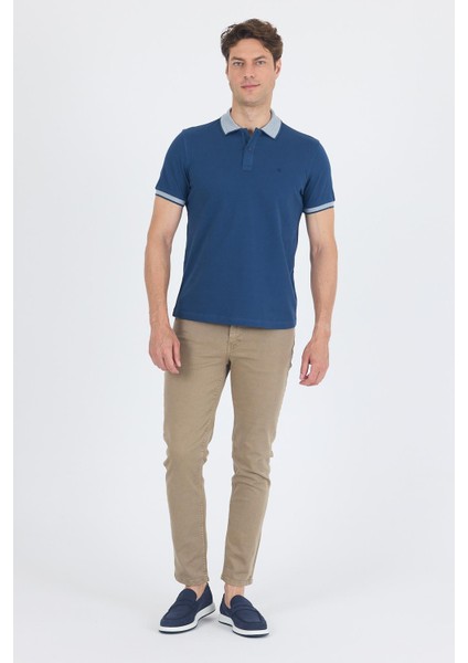 Indigo Mavi Polo Yaka Kısa Kol Cepsiz Slim Fit :%100 Pamuk Tişört 1011250182