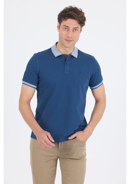 Indigo Mavi Polo Yaka Kısa Kol Cepsiz Slim Fit :%100 Pamuk Tişört 1011250182