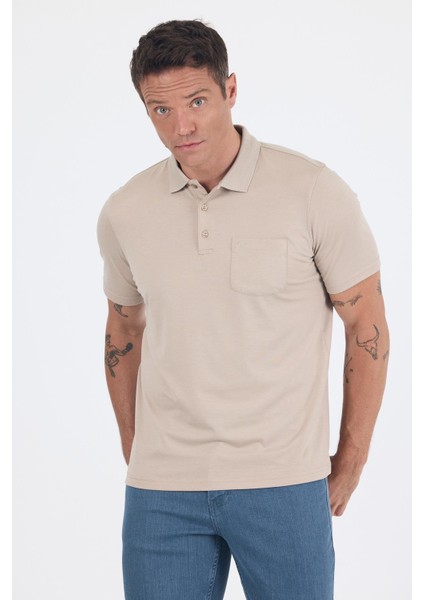 Bej Kısa Kol Polo Yaka Cepli Classic Standart Beden Tişört 1011250173