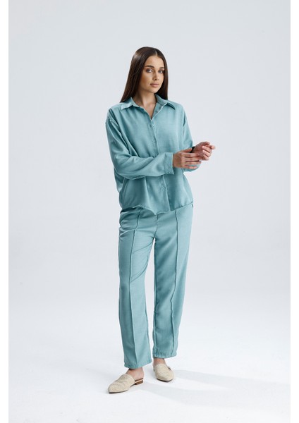 Kadın Oversize Alt Üst Takım – Gömlek ve Lastikli Pantolon Ikili Set modelleri