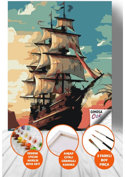Color Yelkenli Günbatımı Sayılarla Boyama Seti - Yetişkin Boyama, 40X50 Tuval, Kendin Yap Hobi Seti