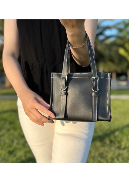 Kadın Dikiş Detaylı Tote Mini El ve Omuz Çantası