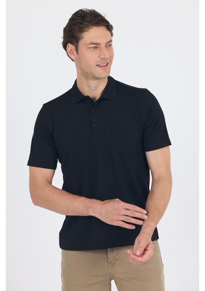 Siyah Kısa Kol Polo Yaka Cepli Classic Standart Beden Tişört 1011250173