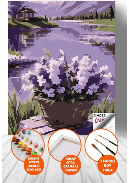 Color Mor Çiçekler ve Göl Sayılarla Boyama Seti - Yetişkin Boyama, 40X50 Tuval, Kendin Yap Hobi Seti