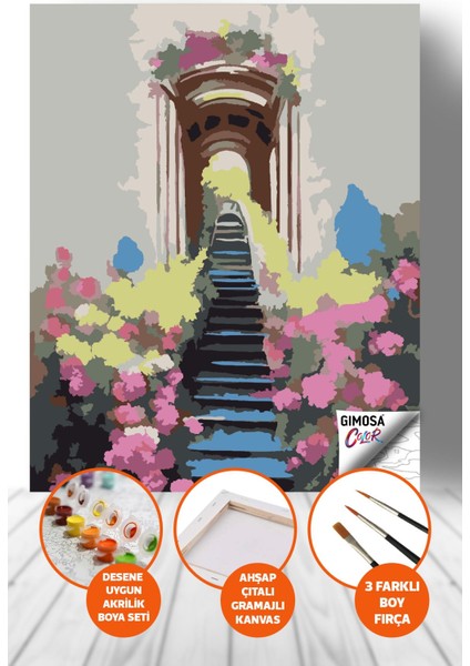 Color Çiçekli Merdivenler Sayılarla Boyama Seti - Yetişkin Boyama, 40X50 Tuval, Kendin Yap Hobi Seti