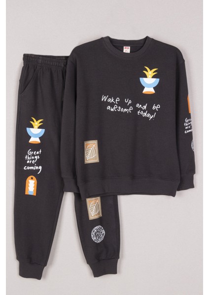 Desenli Pamuklu Beli Lastikli Alt-Üst Erkek Çocuk Eşofman Takım