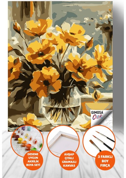 Color Sarı Çiçekler Sayılarla Boyama Seti - Yetişkin Boyama, 40X50 Tuval Seti, Kendin Yap Hobi Seti