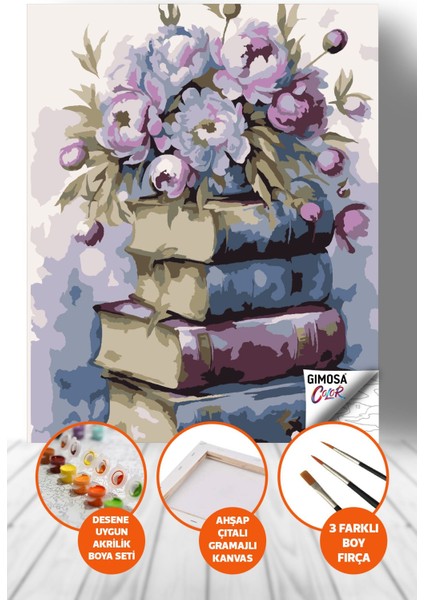 Color Çiçekli Kitaplar Sayılarla Boyama Seti - Yetişkin Boyama, 40X50 Tuval, Kendin Yap Hobi Seti