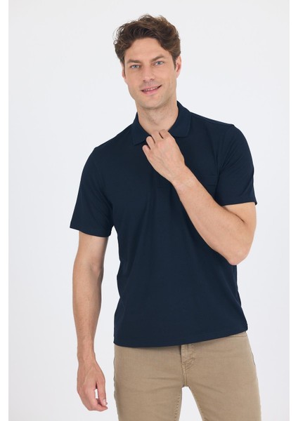 Koyu Lacivert Kısa Kol Polo Yaka Cepli Classic Standart Beden Tişört 1011250173