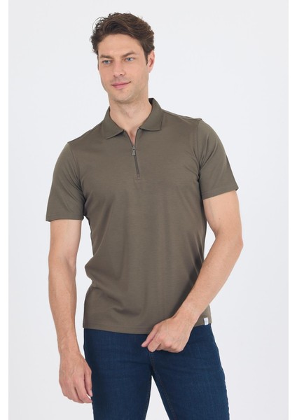 Koyu Haki Kısa Kol Düz Suprem Polo Yaka Cepsiz Esnek Casual Slim Fit Tişört 1011250161_720