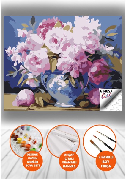Color Pembe Şakayıklar Sayılarla Boyama Seti - Yetişkin Boyama, 40X50 Tuval, Kendin Yap Hobi Seti