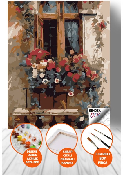 Color Çiçekli Pencere Sayılarla Boyama Seti - Yetişkin Boyama, 40X50 Tuval Set, Kendin Yap Hobi Seti