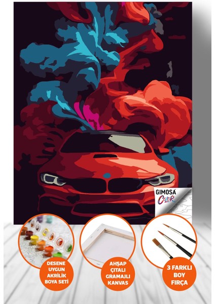 Color Kırmızı Spor Araba ve Renkli Duman Sayılarla Boyama Seti Yetişkin Boyama, Kendin Yap Hobi Seti