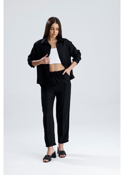 Kadın Oversize Alt Üst Takım – Gömlek ve Lastikli Pantolon Ikili Set