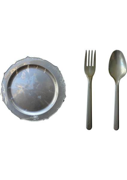 Gümüş Mika Sorfa Sunum Piknik Seti - Sert Mika Plastik - 72 Kişilik Tabak Çatal Kaşık Takımı