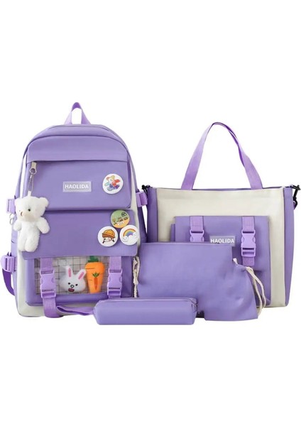 Tatlı Naylon Büyük Kapasiteli Çantalar Tuval Gidip Rozet Omuz Sırt Çantası Basit Okul Çantası Kore Tarzı Okul Çantası Çocuklar Renk: Mor-4pcs Seti (Yurt Dışından)