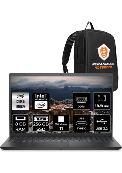 Inspiron 15 3530 Intel Core I5 1334U 8gb 256GB SSD 15.6" Fhd 120Hz W11P Taşınabilir Bilgisayar & Per4 Çanta I35303401UP401