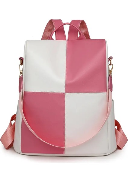 Moda Anti Hırsızlık Sırt Çantaları Kadın Lüks Renk Bloğu Pu Pu Basit Omuz Çantaları Kadın Günlük Yüksek Kapasite Renk: Pembe (Yurt Dışından)