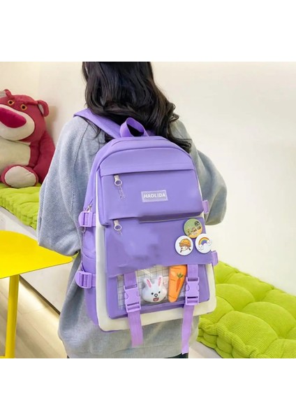 Tatlı Naylon Büyük Kapasiteli Çantalar Tuval Gidip Rozet Omuz Sırt Çantası Basit Okul Çantası Kore Tarzı Okul Çantası Çocuklar Renk: Mor-Backpack (Yurt Dışından)