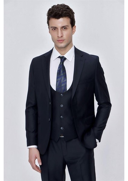 Lacivert Mono Yaka Astarlı Yelekli 6 Drop Slim Fit Dar Kesim Takım Elbise 1001225186