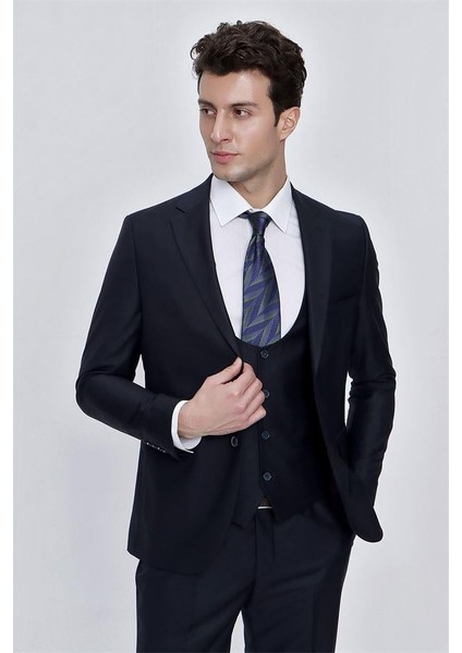 Lacivert Mono Yaka Astarlı Yelekli 6 Drop Slim Fit Dar Kesim Takım Elbise 1001225186 fırsatları