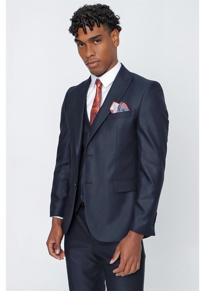 Koyu Lacivert Gabardin Kırlangıç Yaka Yelekli 6 Drop Slim Fit Takım Elbise 1001225176