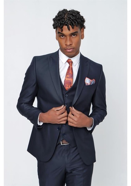 Koyu Lacivert Gabardin Kırlangıç Yaka Yelekli 6 Drop Slim Fit Takım Elbise 1001225176 fırsatları