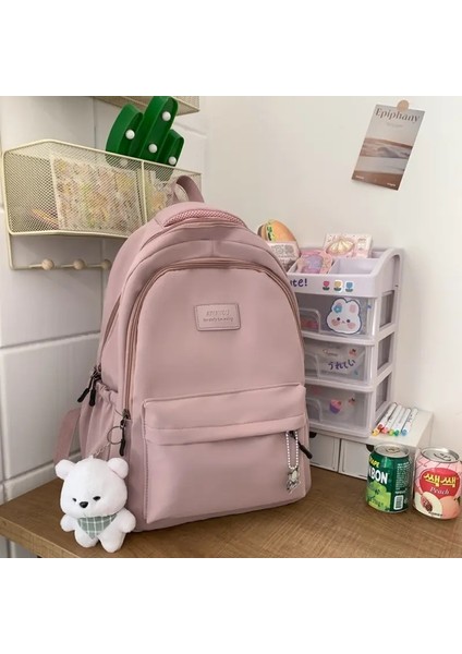 Öğrenci Japon Büyük Kapasiteli Sırt Çantası Kız Basit ve Çok Yönlü Sırt Çantası Unisex Polyester Malzeme Bebek Dekorasyon Renk: Pembe (Yurt Dışından)