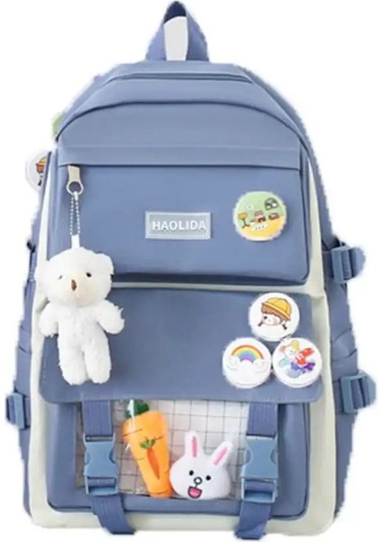 Tatlı Naylon Büyük Kapasiteli Çantalar Tuval Gidip Rozet Omuz Sırt Çantası Basit Okul Çantası Kore Tarzı Okul Çantası Çocuklar Renk: Mavi-Backpack (Yurt Dışından)