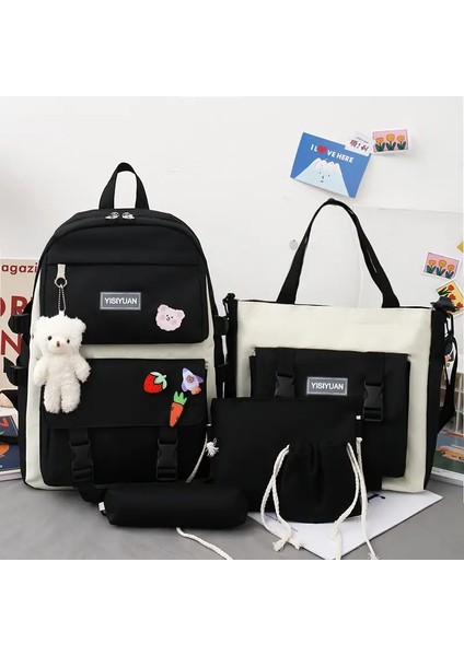 Renk Blok Sırt Çantası Tek Omuz Çantası Kalem Kılıfı Beş Parça Set Öğrenci Sevimli Kolej Tarzı Yüksek Kapasiteli Toka Dış Çanta Renk: Siyah (Yurt Dışından)