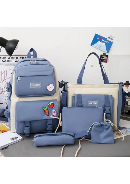 Renk Blok Sırt Çantası Tek Omuz Çantası Kalem Kılıfı Beş Parça Set Öğrenci Sevimli Kolej Tarzı Yüksek Kapasiteli Toka Dış Çanta Renk: Mavi (Yurt Dışından)
