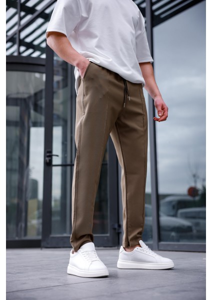 Erkek Haki Renk Esnek Likralı Fermuar Detaylı Jogger Pantolon