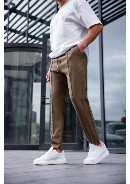 Erkek Haki Renk Esnek Likralı Fermuar Detaylı Jogger Pantolon modelleri