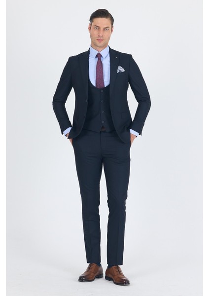 Lacivert Düz Bez Ayağı Mono Yaka 2 Düğme 6 Drop Slim Fit Basic Takım Elbise 1001250186_206
