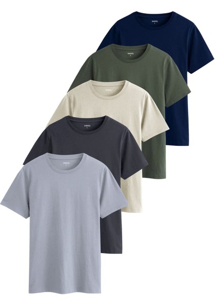Unisex 5'li Paket Lacivert-Haki-Taş-Füme-Gri Rahat Kesim %100 Pamuk Bisiklet Yaka Tişört