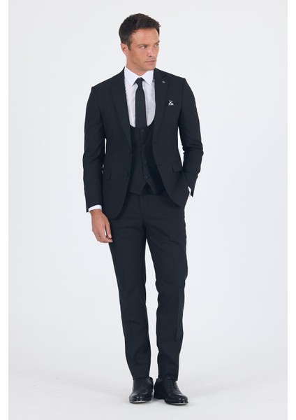 Siyah Düz Bez Ayağı Mono Yaka 2 Düğme 6 Drop Slim Fit Basic Takım Elbise 1001250186_001
